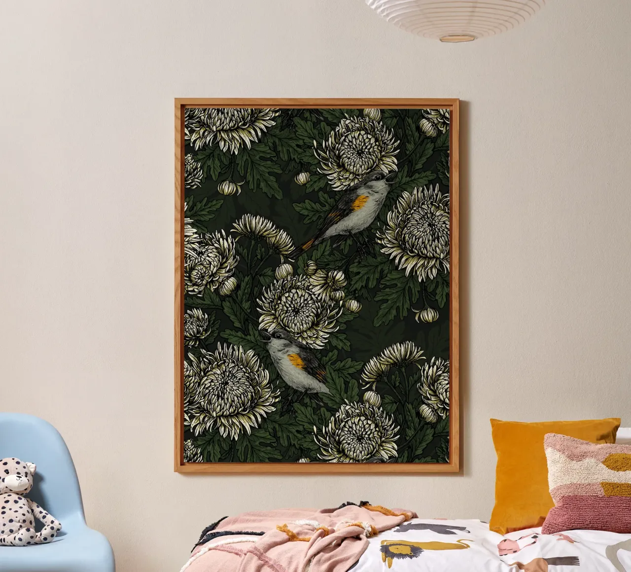 I codirossi nei crisantemi verdi e bianchi alluminio dibond da Painted Nature