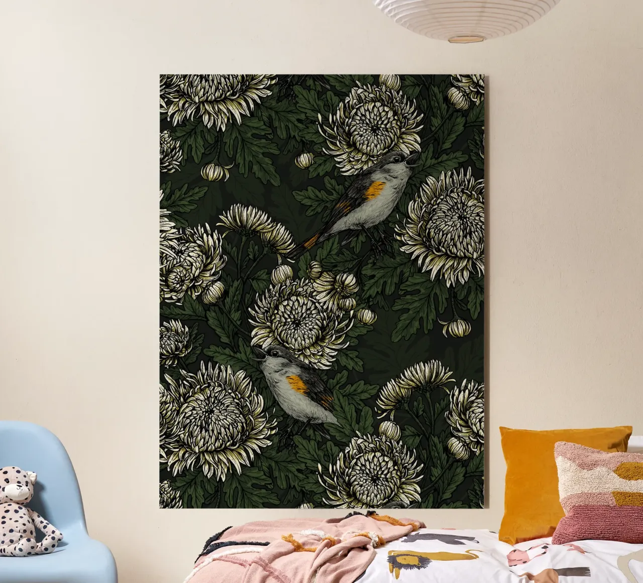 I codirossi nei crisantemi verdi e bianchi alluminio dibond da Painted Nature