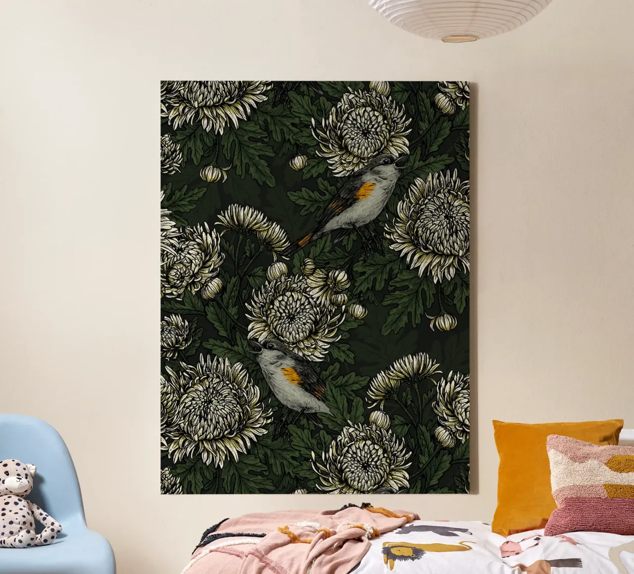 I codirossi nei crisantemi verdi e bianchi tela da Painted Nature