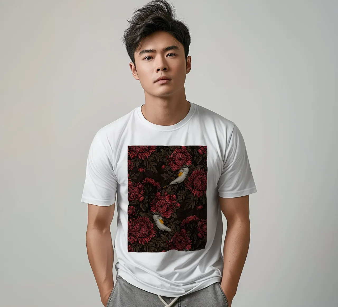 I codirossi nei crisantemi in marrone e rosso t-shirt da Painted Nature