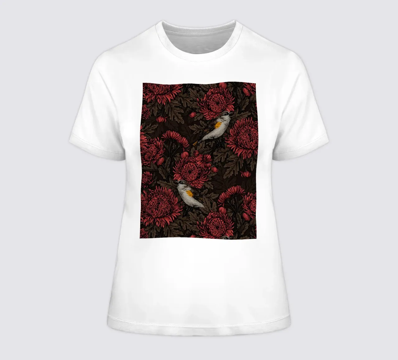 I codirossi nei crisantemi in marrone e rosso t-shirt da donna da Painted Nature