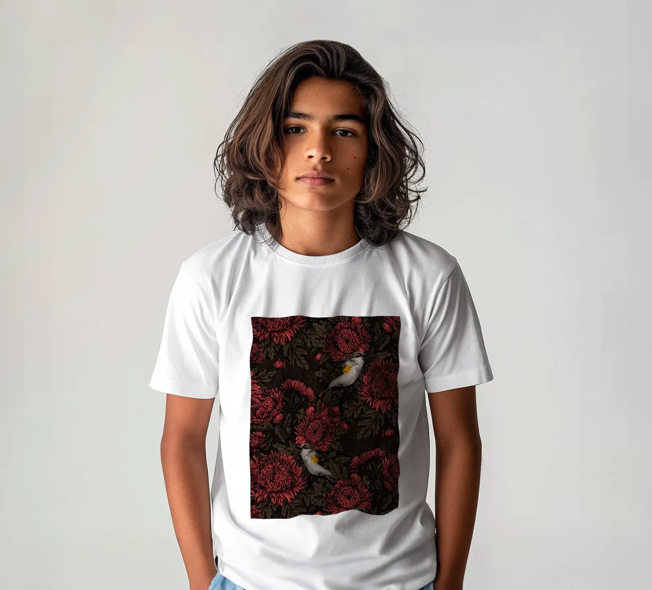 I codirossi nei crisantemi in marrone e rosso t-shirt bambini da Painted Nature