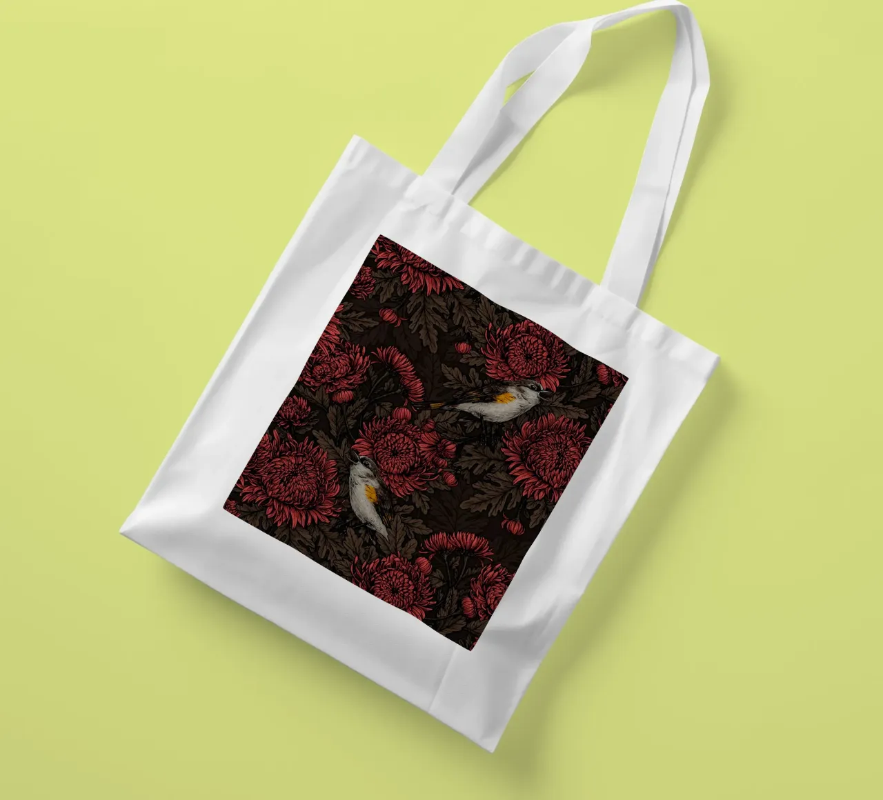 I codirossi nei crisantemi in marrone e rosso borsa in juta da Painted Nature
