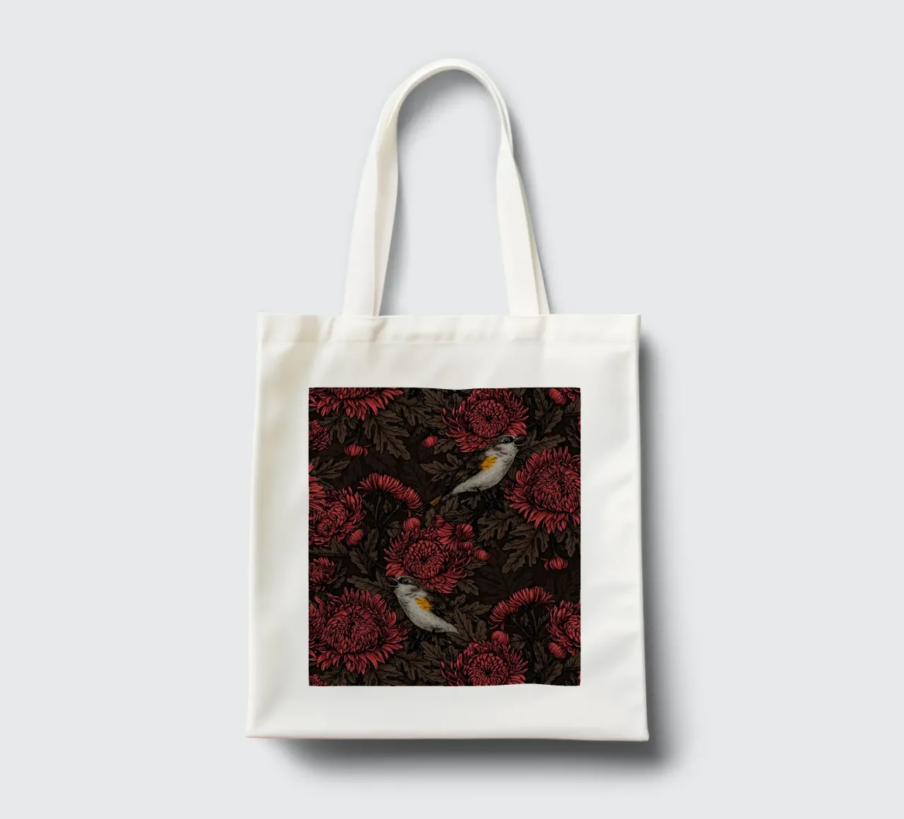 I codirossi nei crisantemi in marrone e rosso borsa in juta da Painted Nature