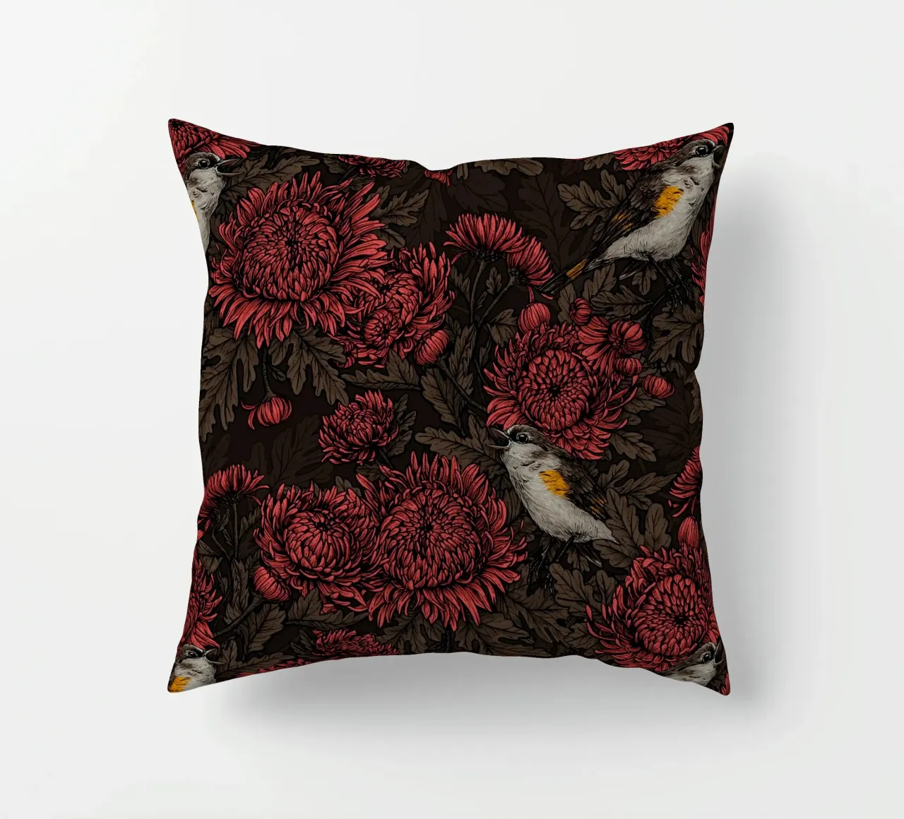 I codirossi nei crisantemi in marrone e rosso cuscino da Painted Nature