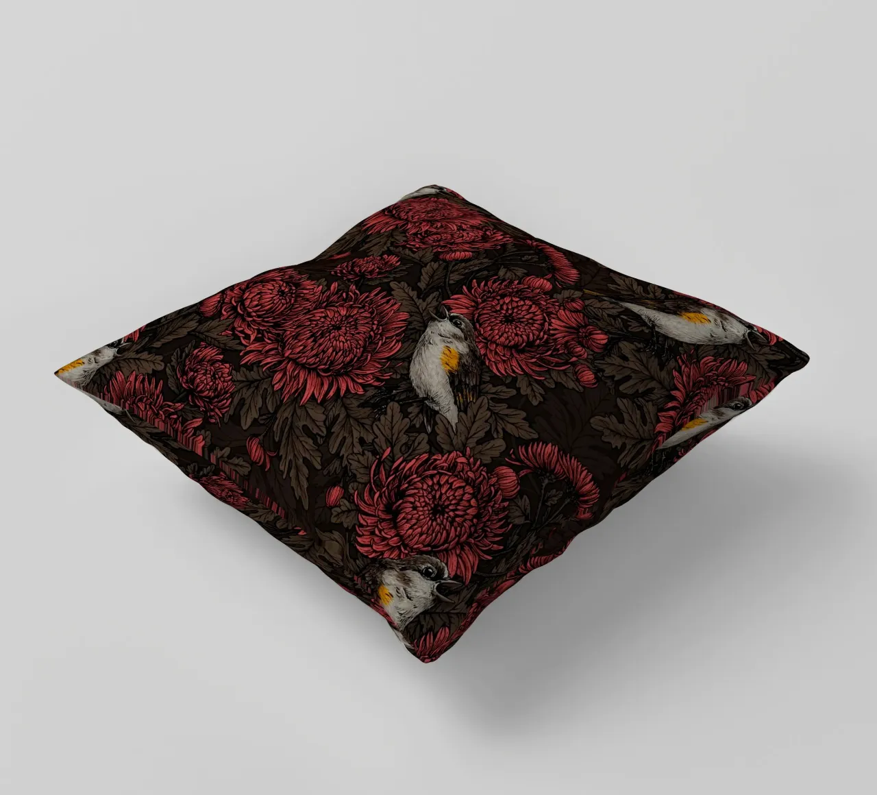 I codirossi nei crisantemi in marrone e rosso cuscino da Painted Nature