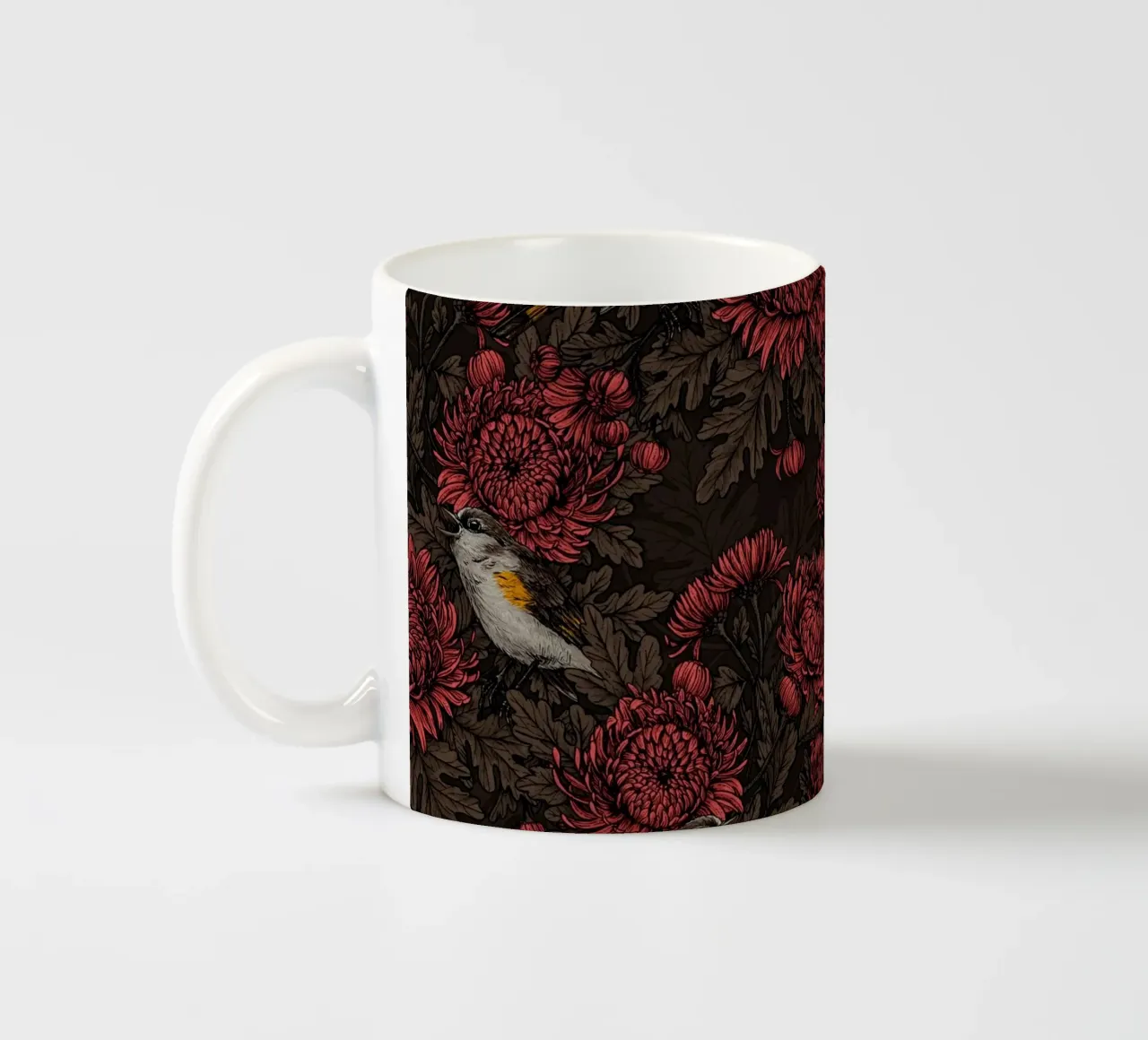 I codirossi nei crisantemi in marrone e rosso tazza in ceramica da Painted Nature