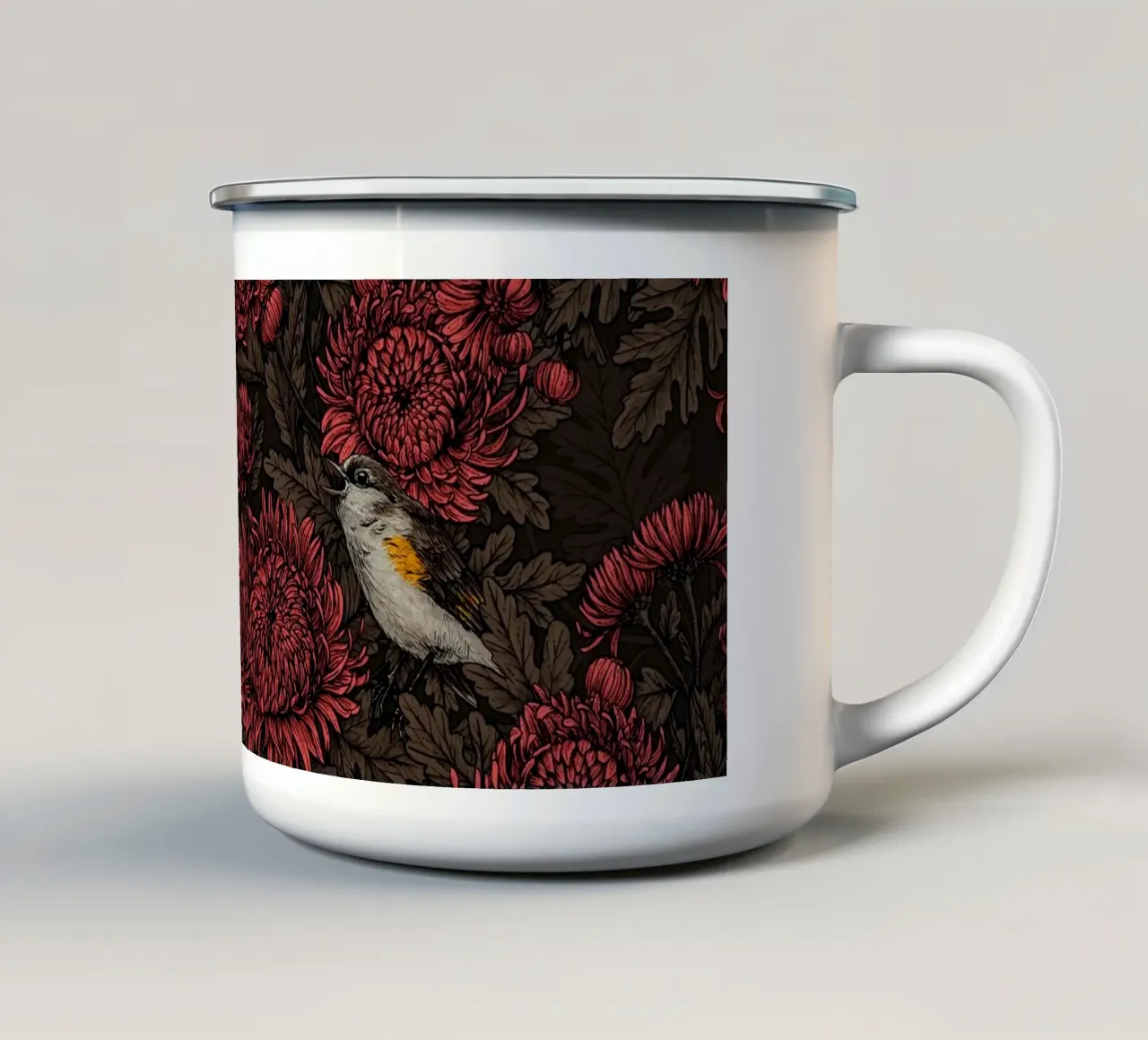 I codirossi nei crisantemi in marrone e rosso tazza in smalto da Painted Nature