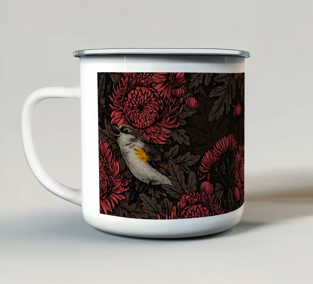 I codirossi nei crisantemi in marrone e rosso tazza in smalto da Painted Nature