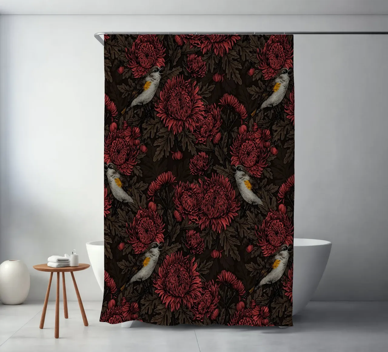 I codirossi nei crisantemi in marrone e rosso tenda da doccia da Painted Nature