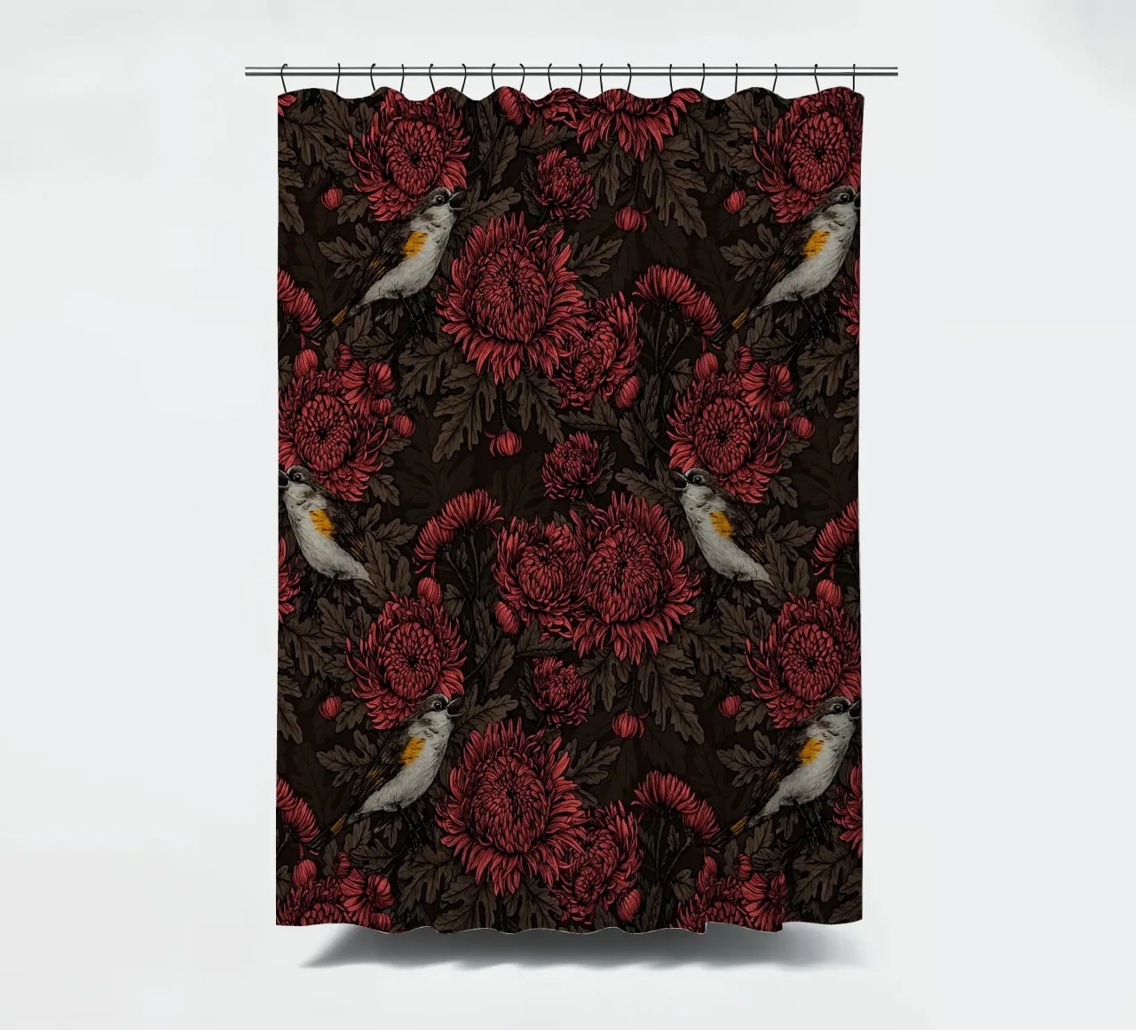 I codirossi nei crisantemi in marrone e rosso tenda da doccia da Painted Nature