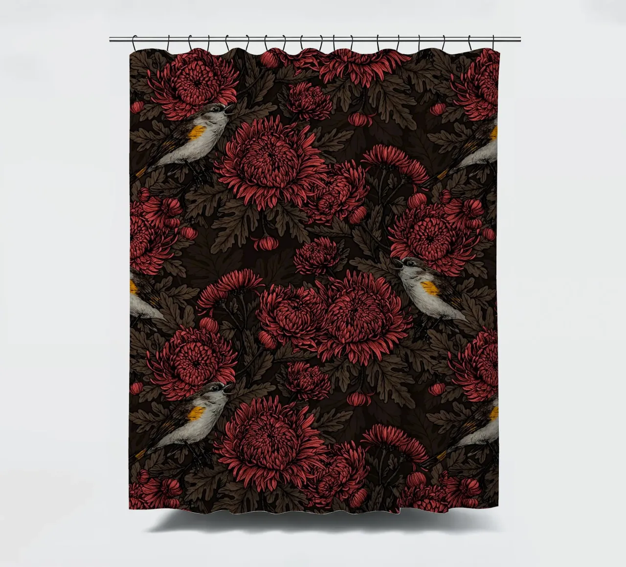 I codirossi nei crisantemi in marrone e rosso tenda da doccia da Painted Nature