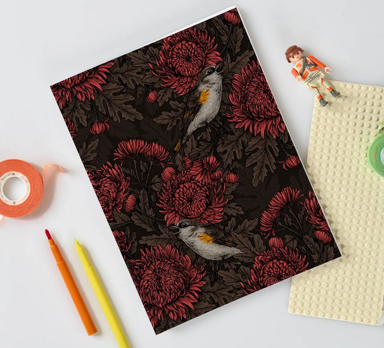 Redstarts in the chrysanthemums in brown and red notebook by Painted Nature