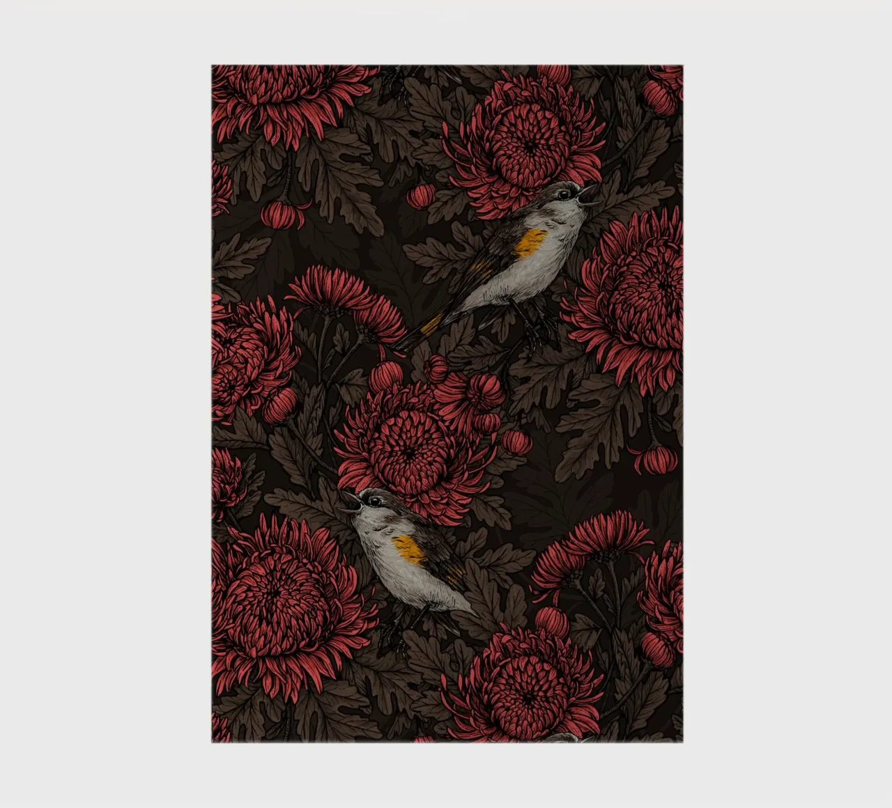 Redstarts in the chrysanthemums in brown and red notebook by Painted Nature