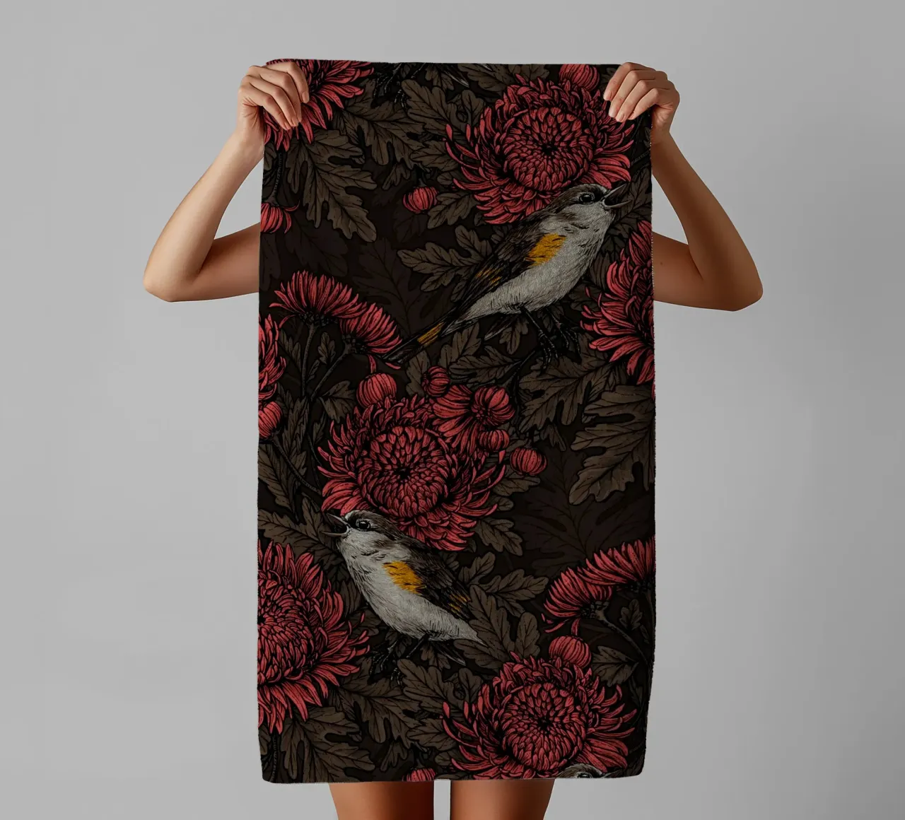 Redstarts in the chrysanthemums in brown and red towel by Painted Nature