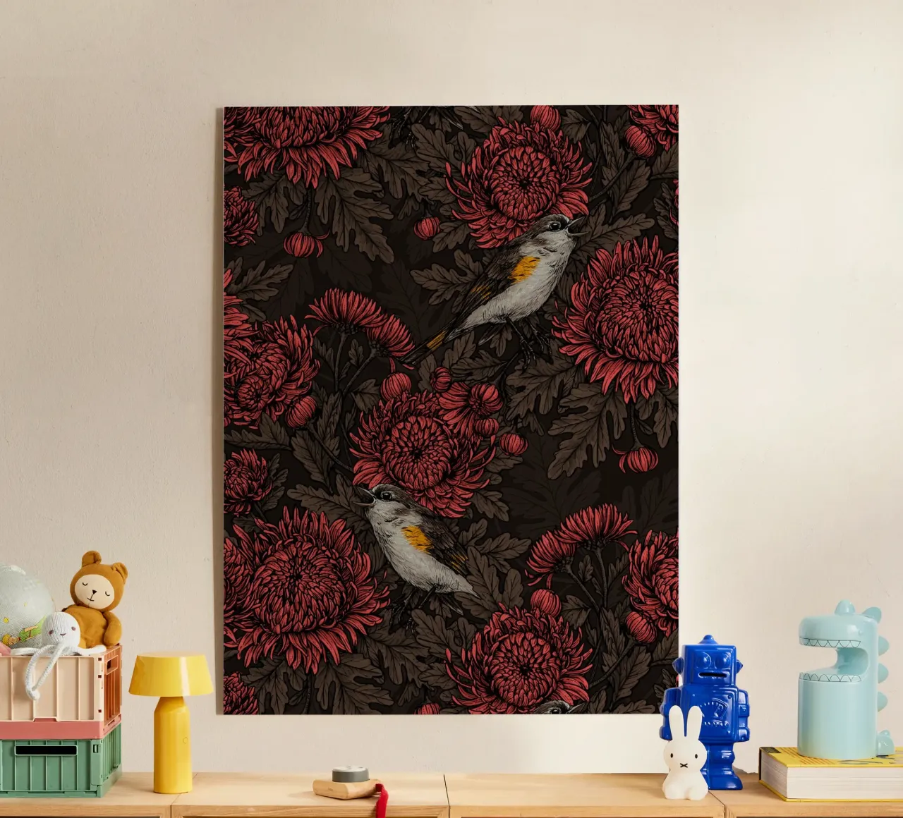 I codirossi nei crisantemi in marrone e rosso plexiglass da Painted Nature