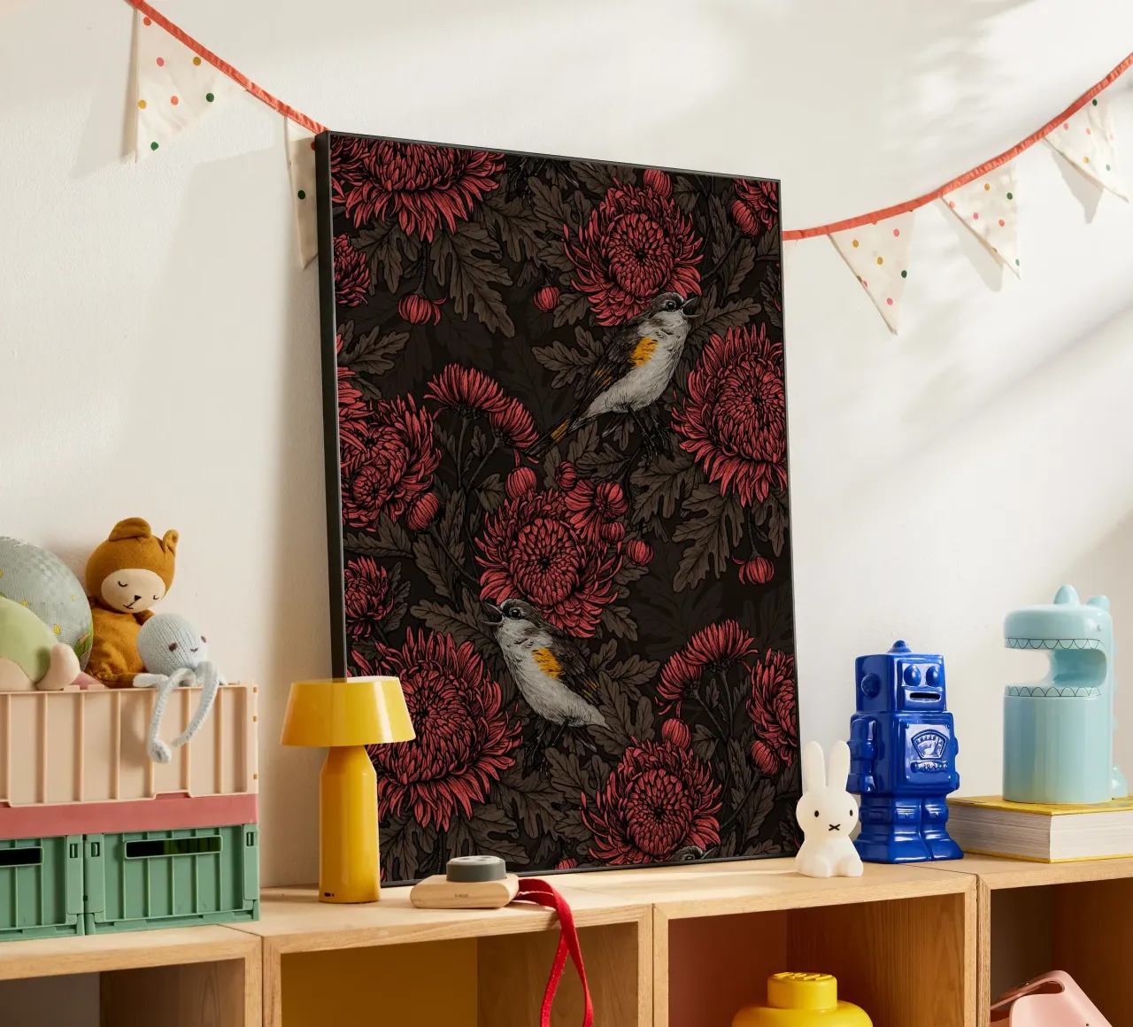 I codirossi nei crisantemi in marrone e rosso alluminio dibond da Painted Nature