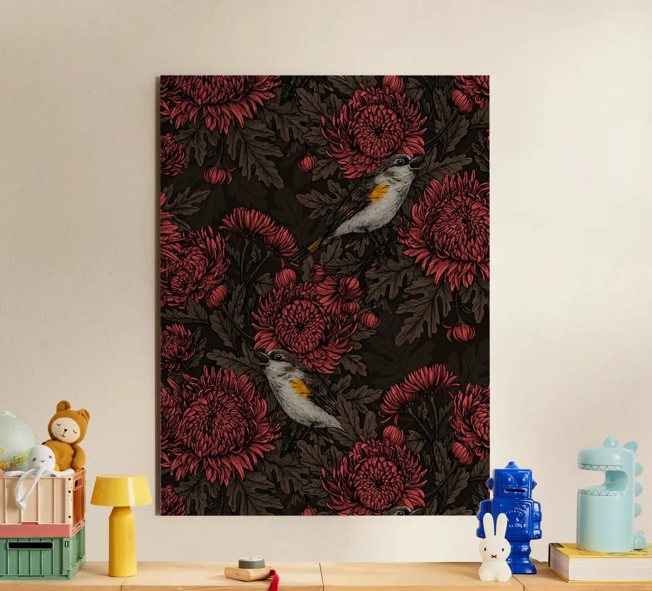 I codirossi nei crisantemi in marrone e rosso alluminio dibond da Painted Nature