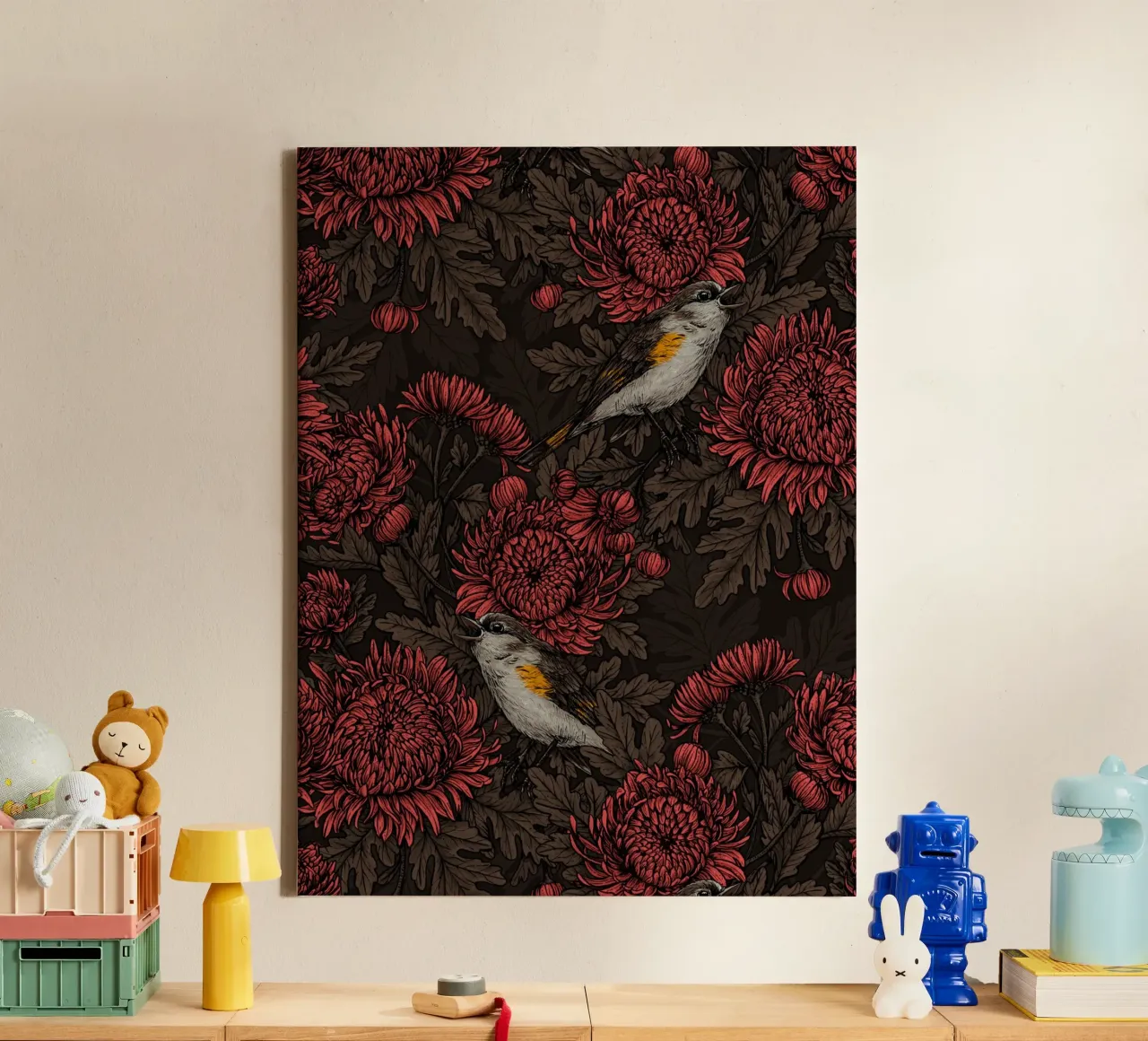I codirossi nei crisantemi in marrone e rosso tela da Painted Nature