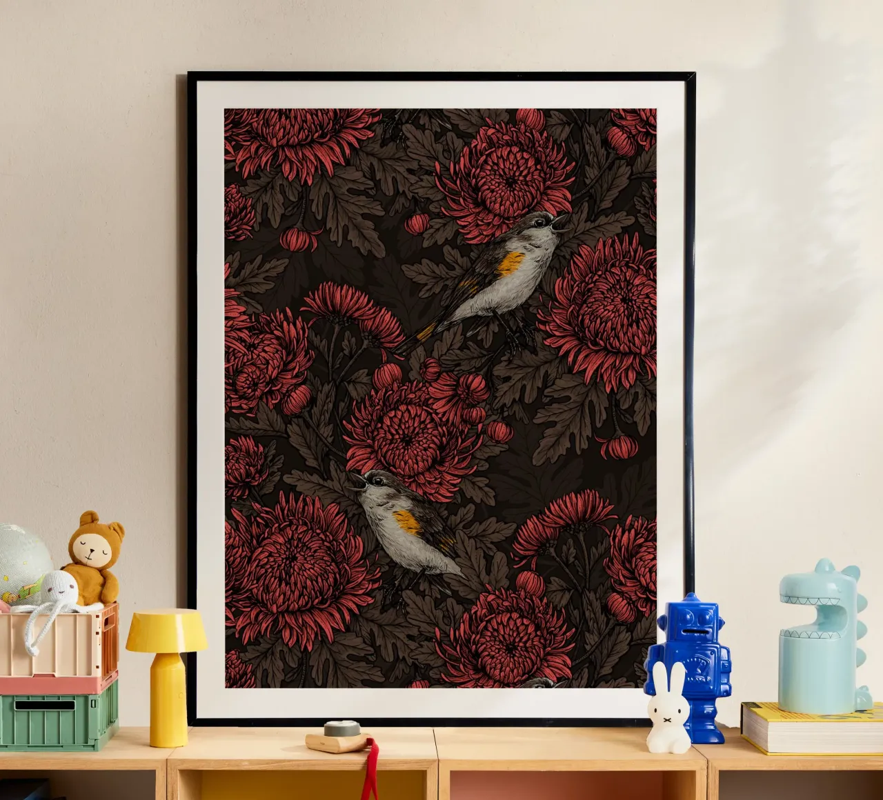 I codirossi nei crisantemi in marrone e rosso carta hahnemühle da Painted Nature