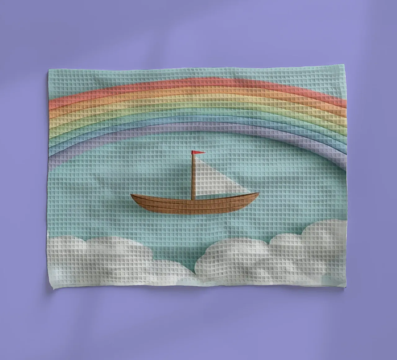 Mignon voilier sous un arc-en-ciel et des nuages torchon de DesignDoodle