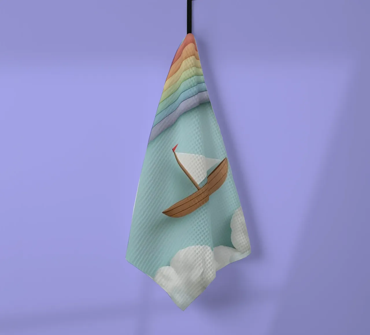 Mignon voilier sous un arc-en-ciel et des nuages torchon de DesignDoodle