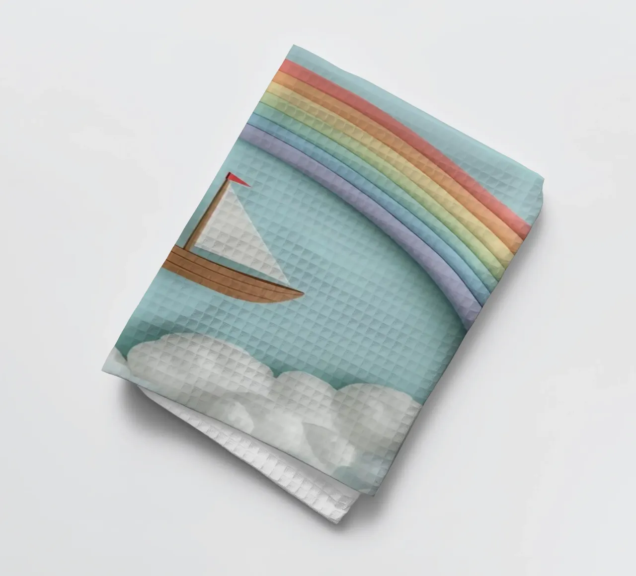 Mignon voilier sous un arc-en-ciel et des nuages torchon de DesignDoodle