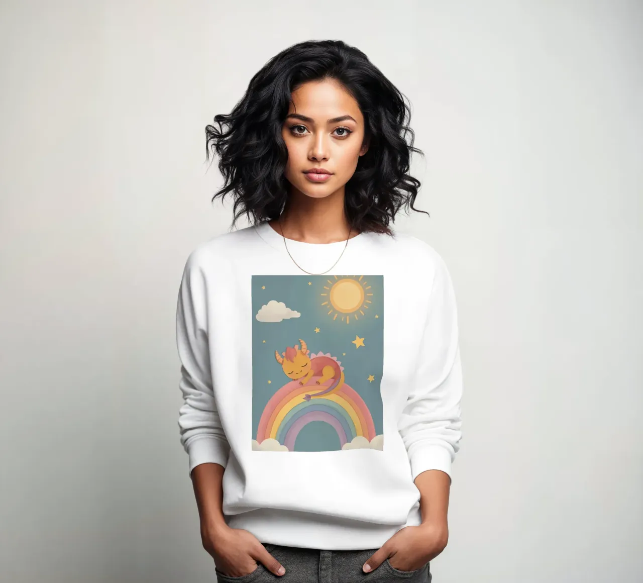 Lindo dragón durmiente en el arco iris con nubes sol y las estrellas sudadera de DesignDoodle