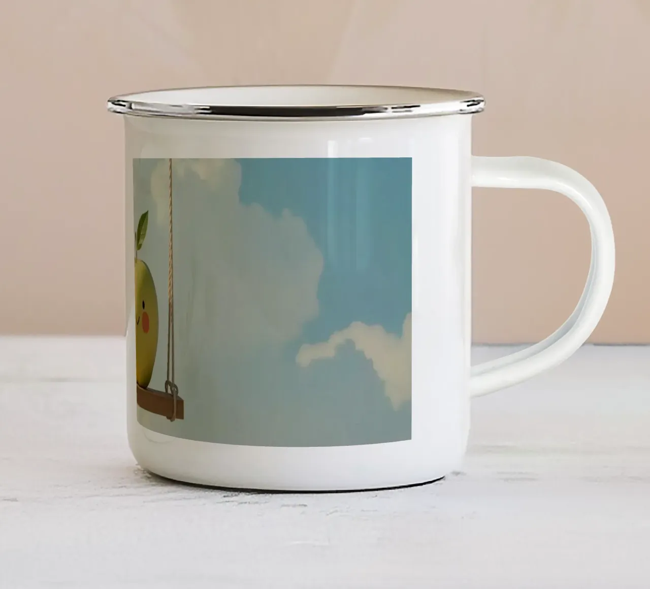 Mela sorridente felice e carina sull'altalena tazza in smalto da DesignDoodle