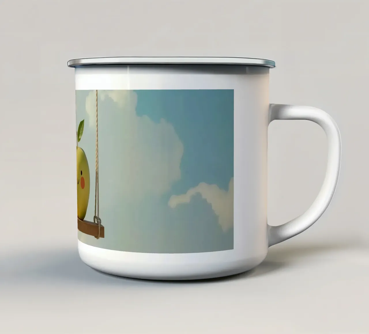 Mela sorridente felice e carina sull'altalena tazza in smalto da DesignDoodle