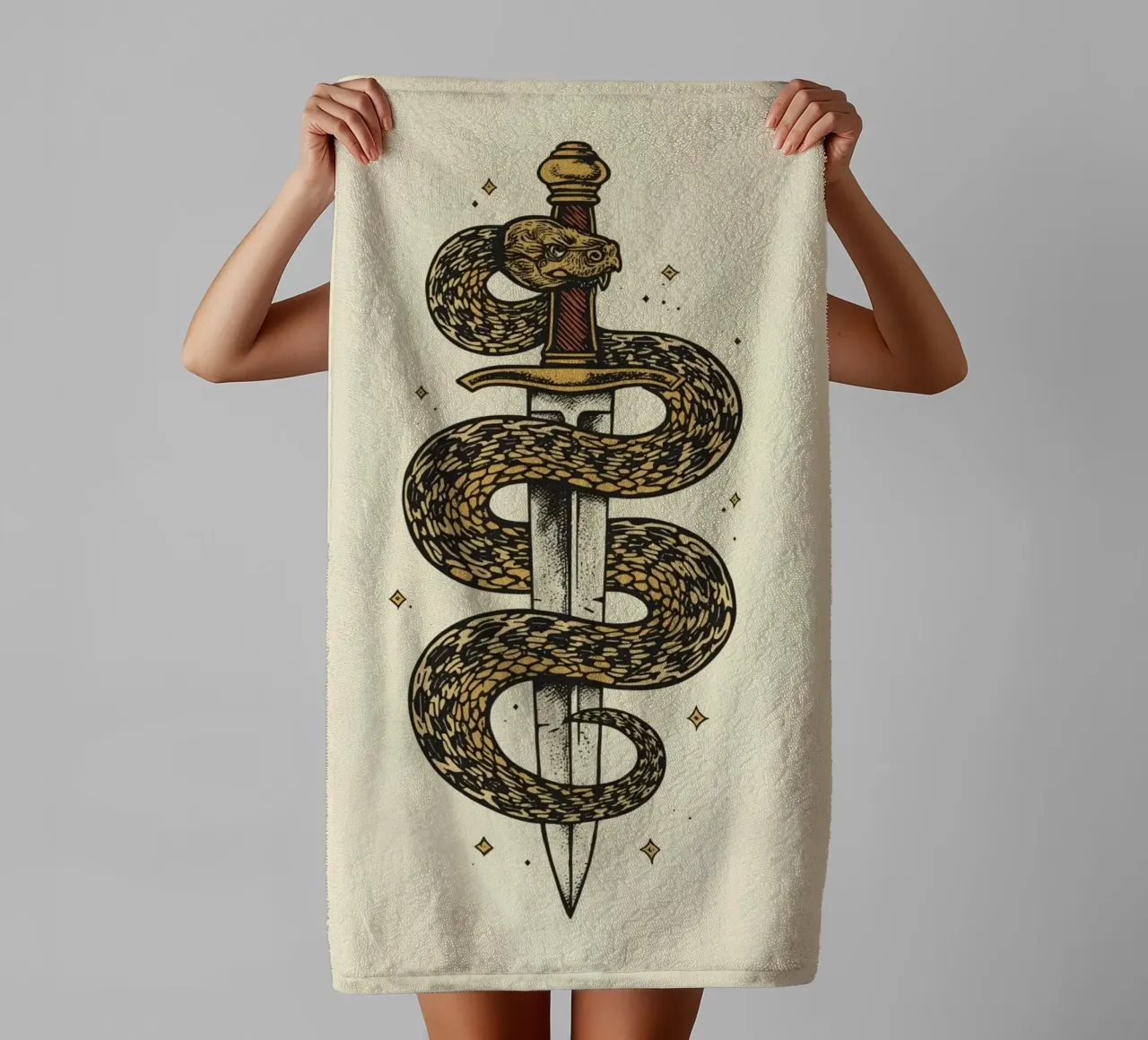 Snake Coiled Around Dagger towel by DesignDoodle
