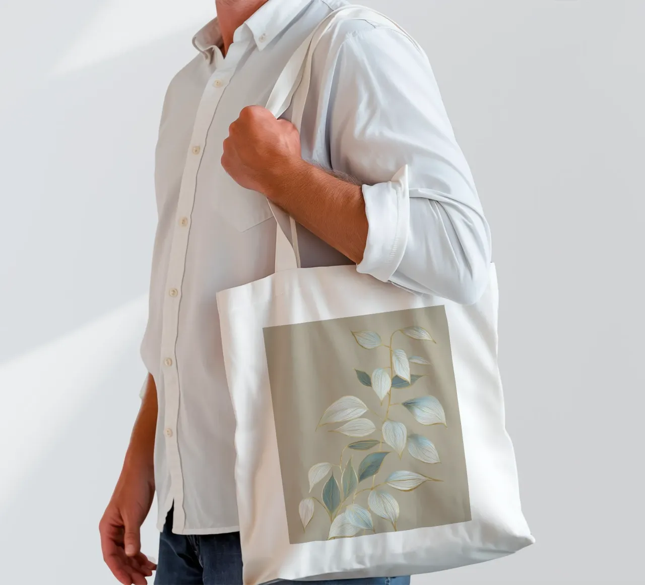 Design a foglie color oro pastello borsa in juta da Carinaprint