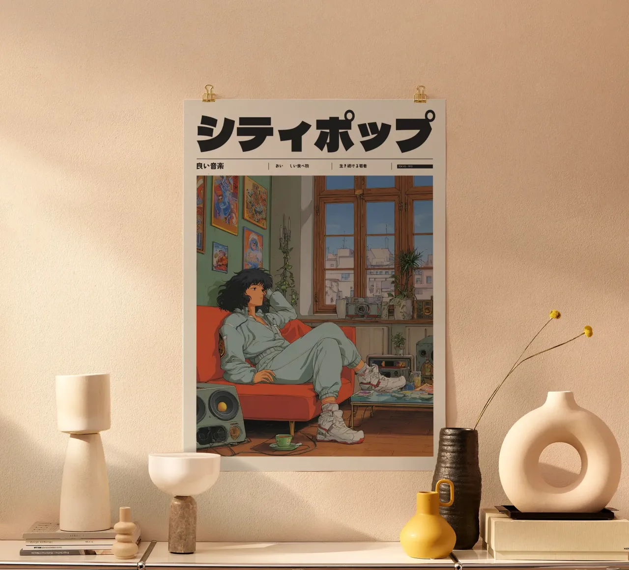 Ragazza retrò in camera, città giapponese Pop poster da Bakara