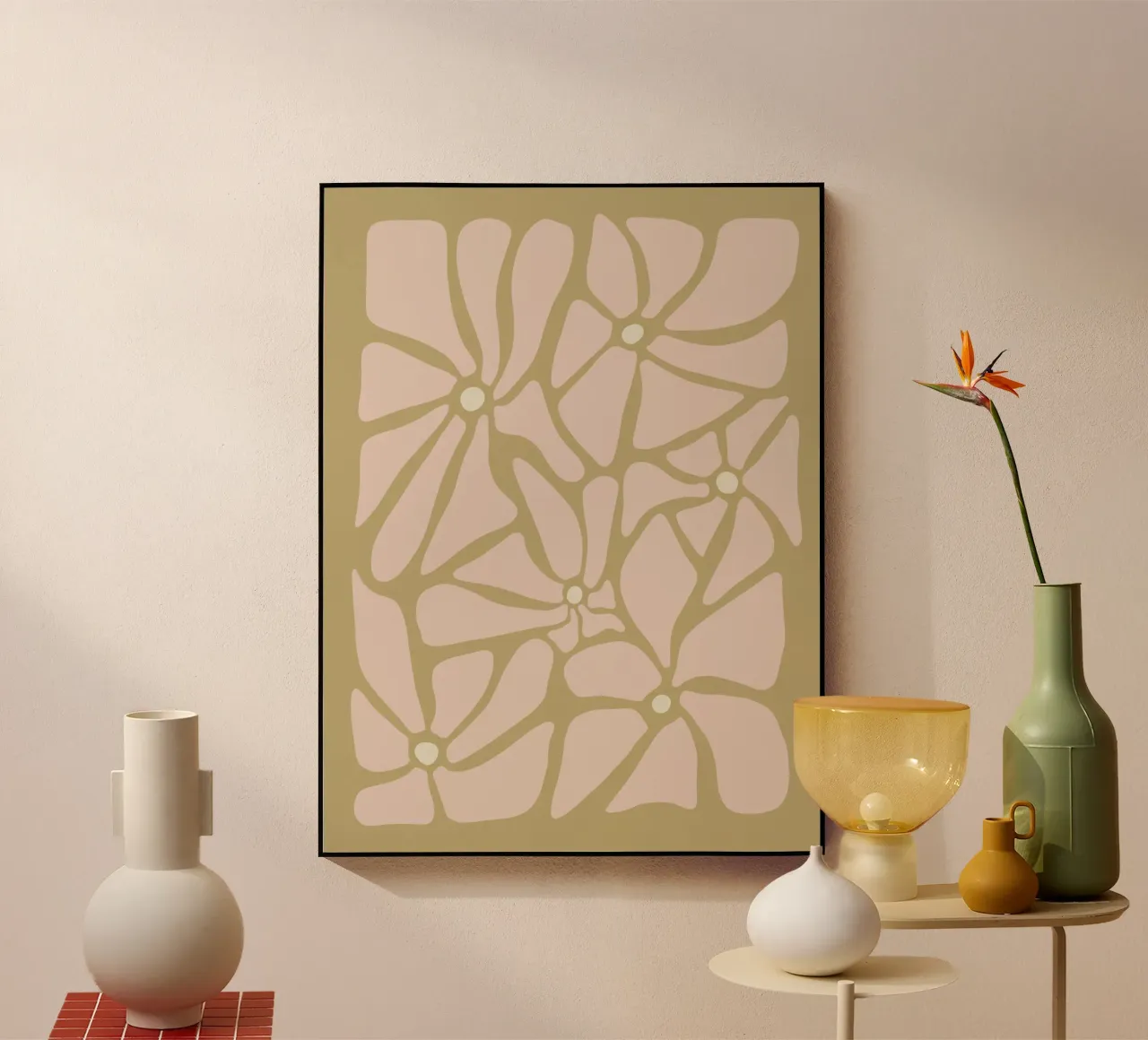 Fiori astratti retrò di metà secolo, rosa, crema e abbronzatura, di tipo trippy plexiglass da This Wild Soul - Illustration