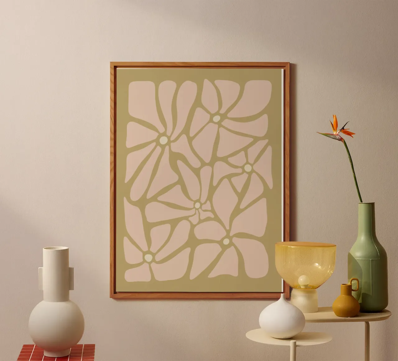 Fiori astratti retrò di metà secolo, rosa, crema e abbronzatura, di tipo trippy alluminio dibond da This Wild Soul - Illustration