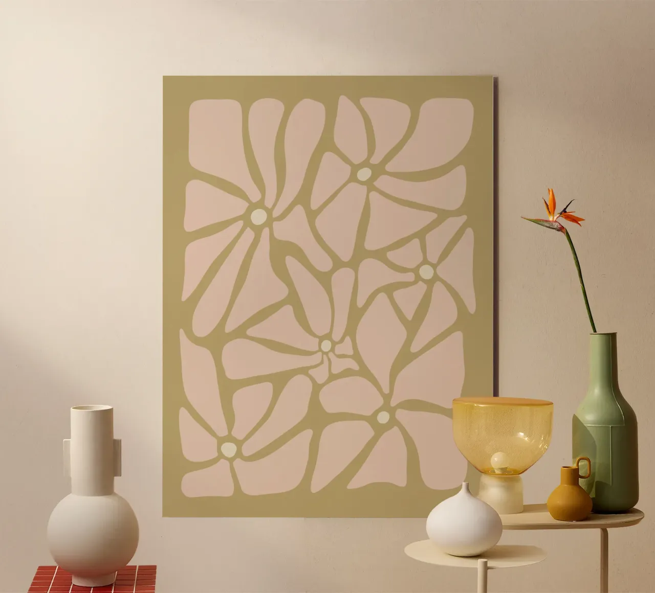 Fiori astratti retrò di metà secolo, rosa, crema e abbronzatura, di tipo trippy alluminio dibond da This Wild Soul - Illustration