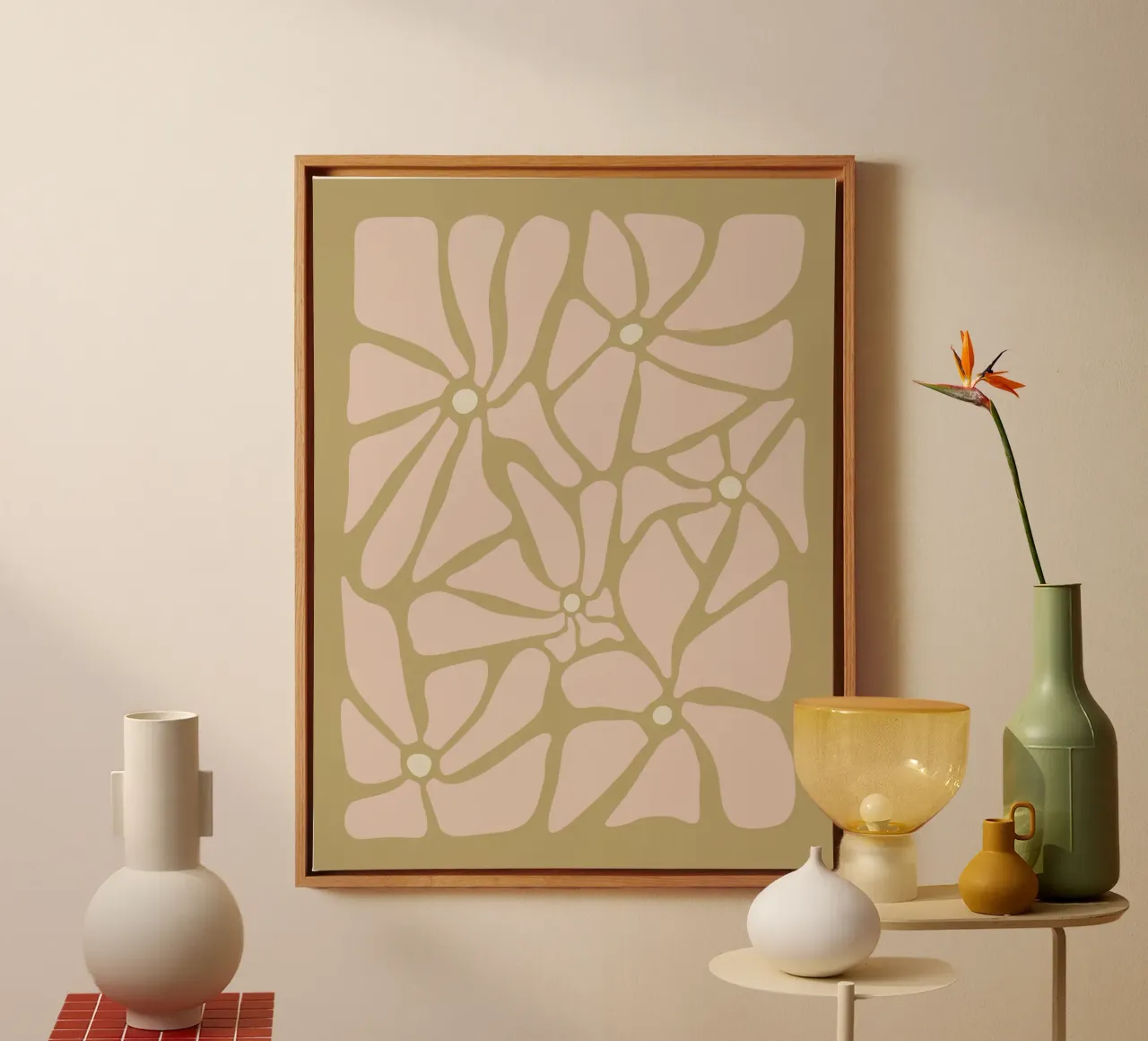 Fiori astratti retrò di metà secolo, rosa, crema e abbronzatura, di tipo trippy tela da This Wild Soul - Illustration