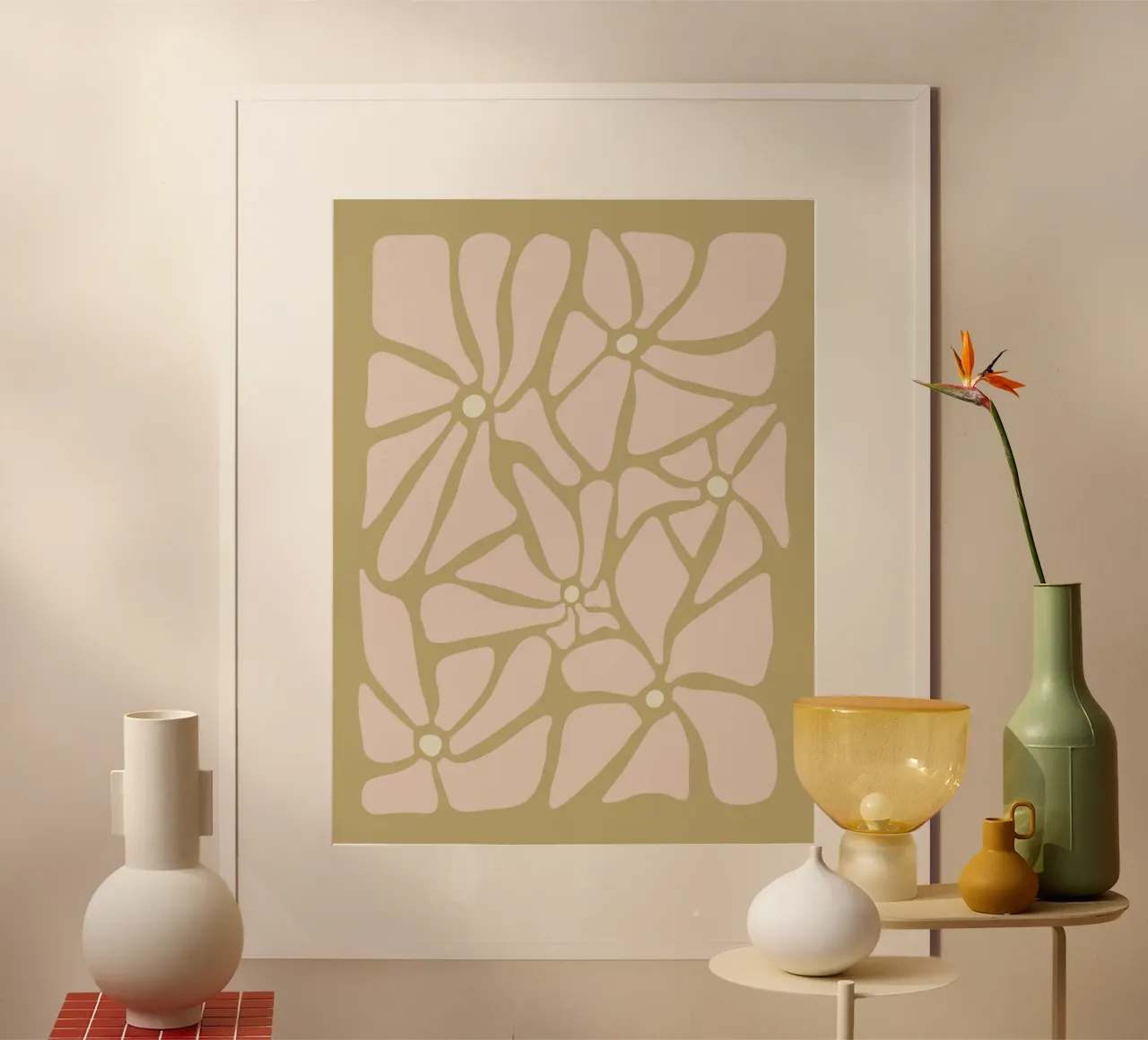 Fiori astratti retrò di metà secolo, rosa, crema e abbronzatura, di tipo trippy carta hahnemühle da This Wild Soul - Illustration