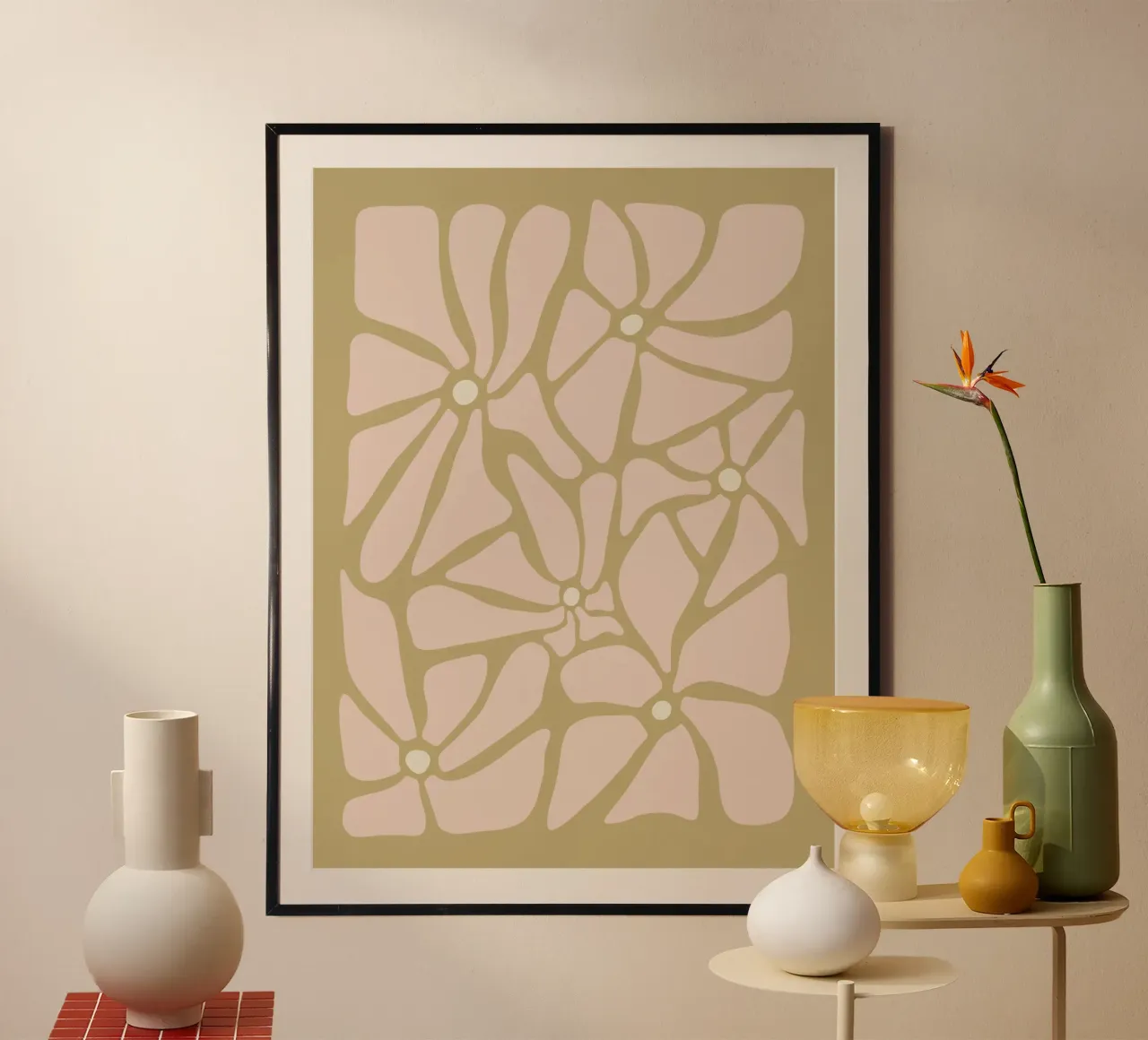 Fiori astratti retrò di metà secolo, rosa, crema e abbronzatura, di tipo trippy carta hahnemühle da This Wild Soul - Illustration