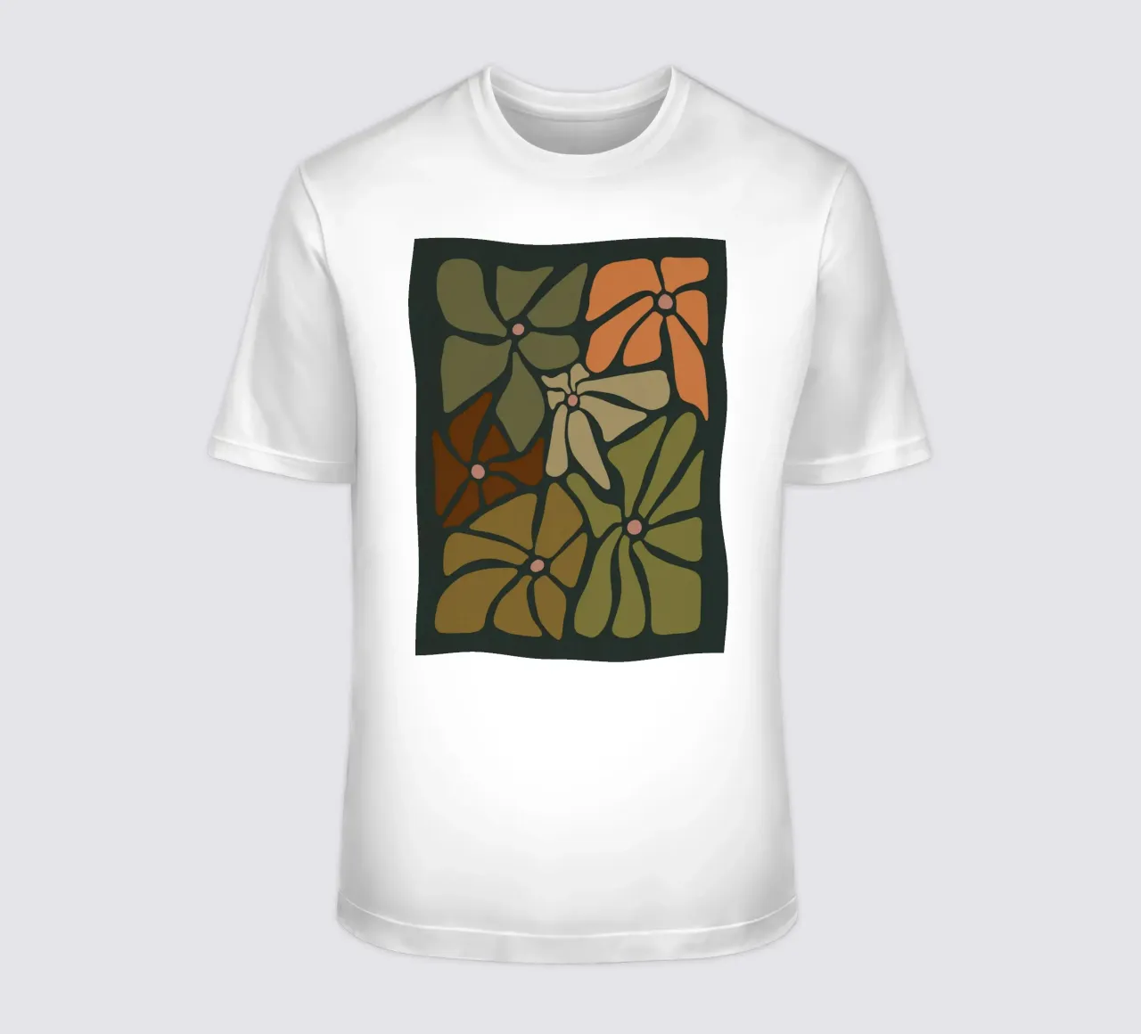 Fiori autunnali retrò di metà secolo in arancione, crema, tan e kaki t-shirt da This Wild Soul - Illustration