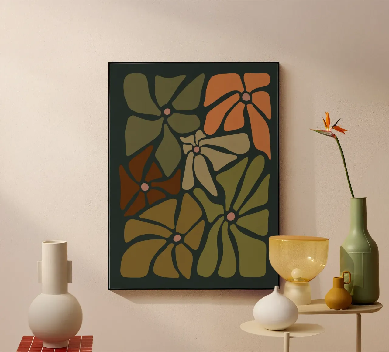 Fiori autunnali retrò di metà secolo in arancione, crema, tan e kaki plexiglass da This Wild Soul - Illustration