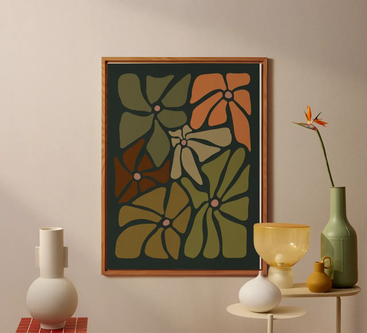 Fiori autunnali retrò di metà secolo in arancione, crema, tan e kaki alluminio dibond da This Wild Soul - Illustration