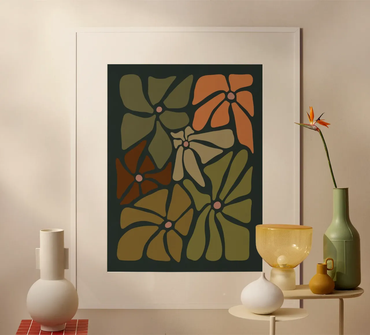 Fiori autunnali retrò di metà secolo in arancione, crema, tan e kaki carta hahnemühle da This Wild Soul - Illustration