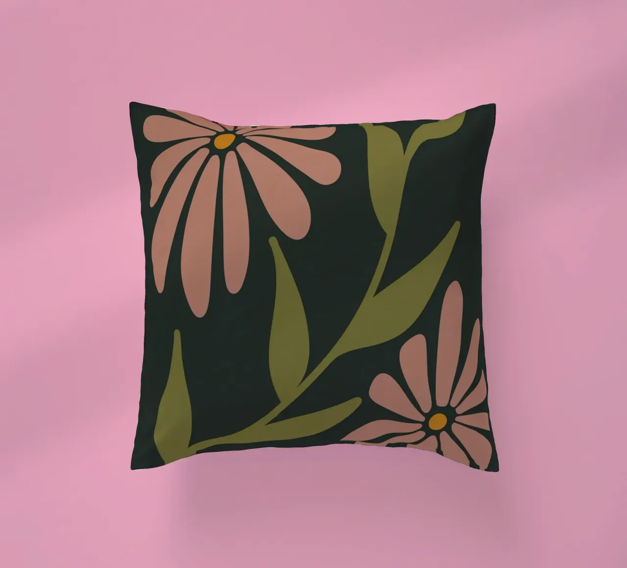 Fiori retrò di metà secolo, rosa, arancione, marrone, verde kaki cuscino da This Wild Soul - Illustration