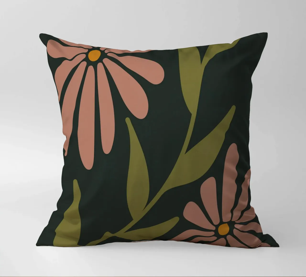 Fiori retrò di metà secolo, rosa, arancione, marrone, verde kaki cuscino da This Wild Soul - Illustration