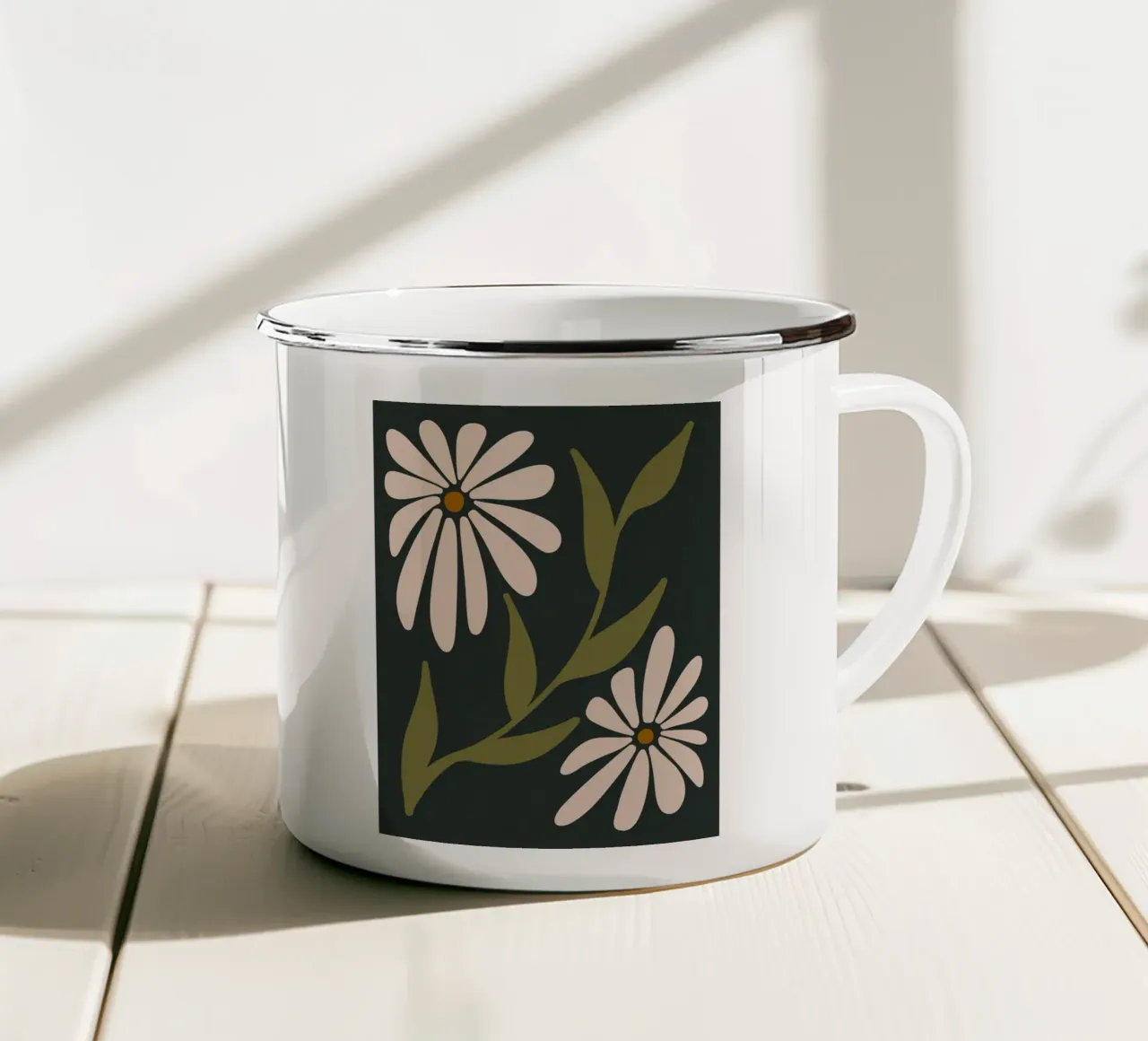 Fiori retrò di metà secolo, crema, cachi, verde scuro anni '70-'60 tazza in smalto da This Wild Soul - Illustration