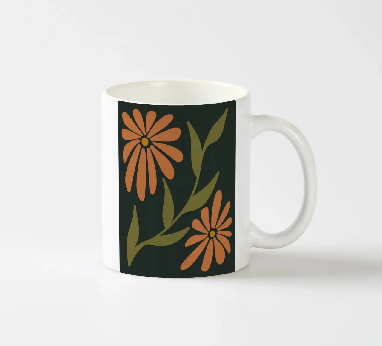 Fiori retrò di metà secolo, arancione, marrone, cachi, verde anni '70-'60 tazza in ceramica da This Wild Soul - Illustration