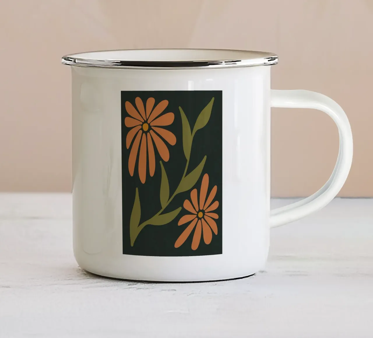 Fiori retrò di metà secolo, arancione, marrone, cachi, verde anni '70-'60 tazza in smalto da This Wild Soul - Illustration