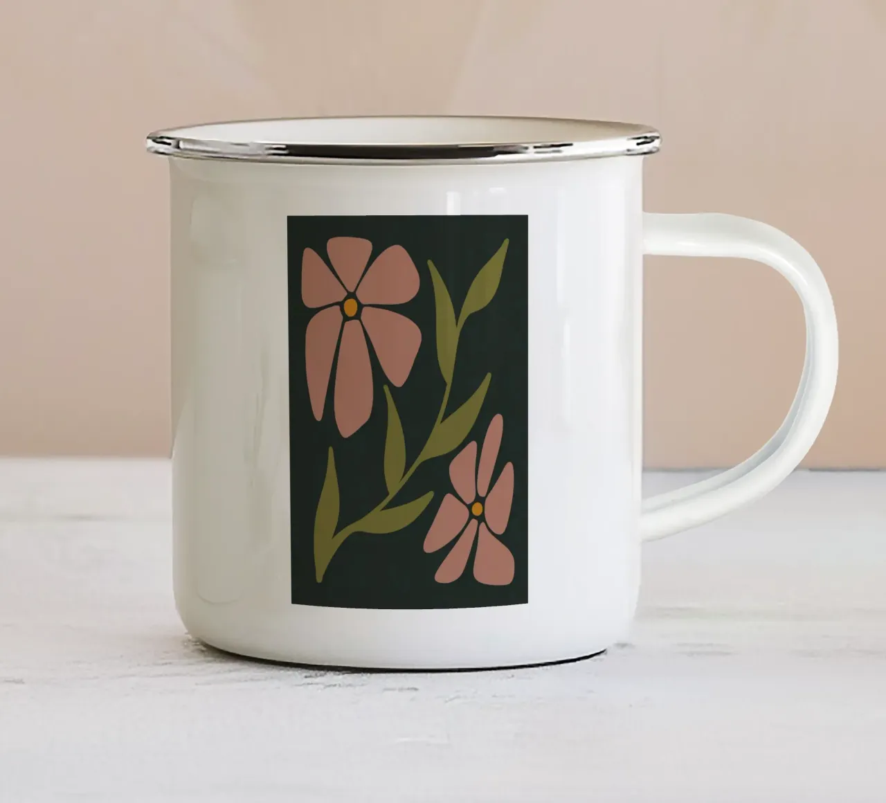 Fiori retrò Mid-Century, rosa, kaki, verde anni '70-'60 tazza in smalto da This Wild Soul - Illustration
