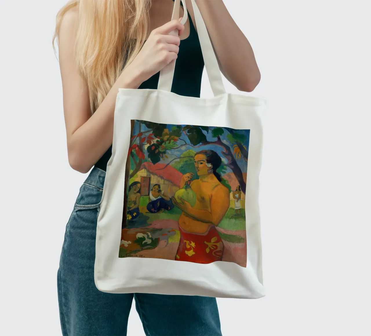 Paul Gauguin - Donna con un frutto in mano borsa in juta da Timeless Artworks